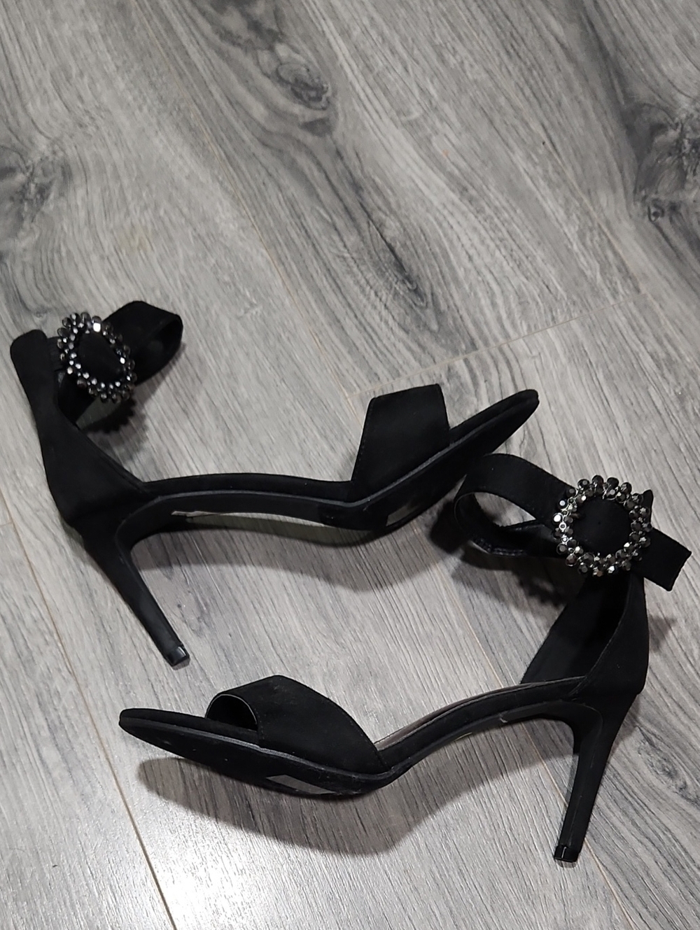 Spring Step Black Satin Open-Toe Ankle-Strap Heels with Crystal Buckle